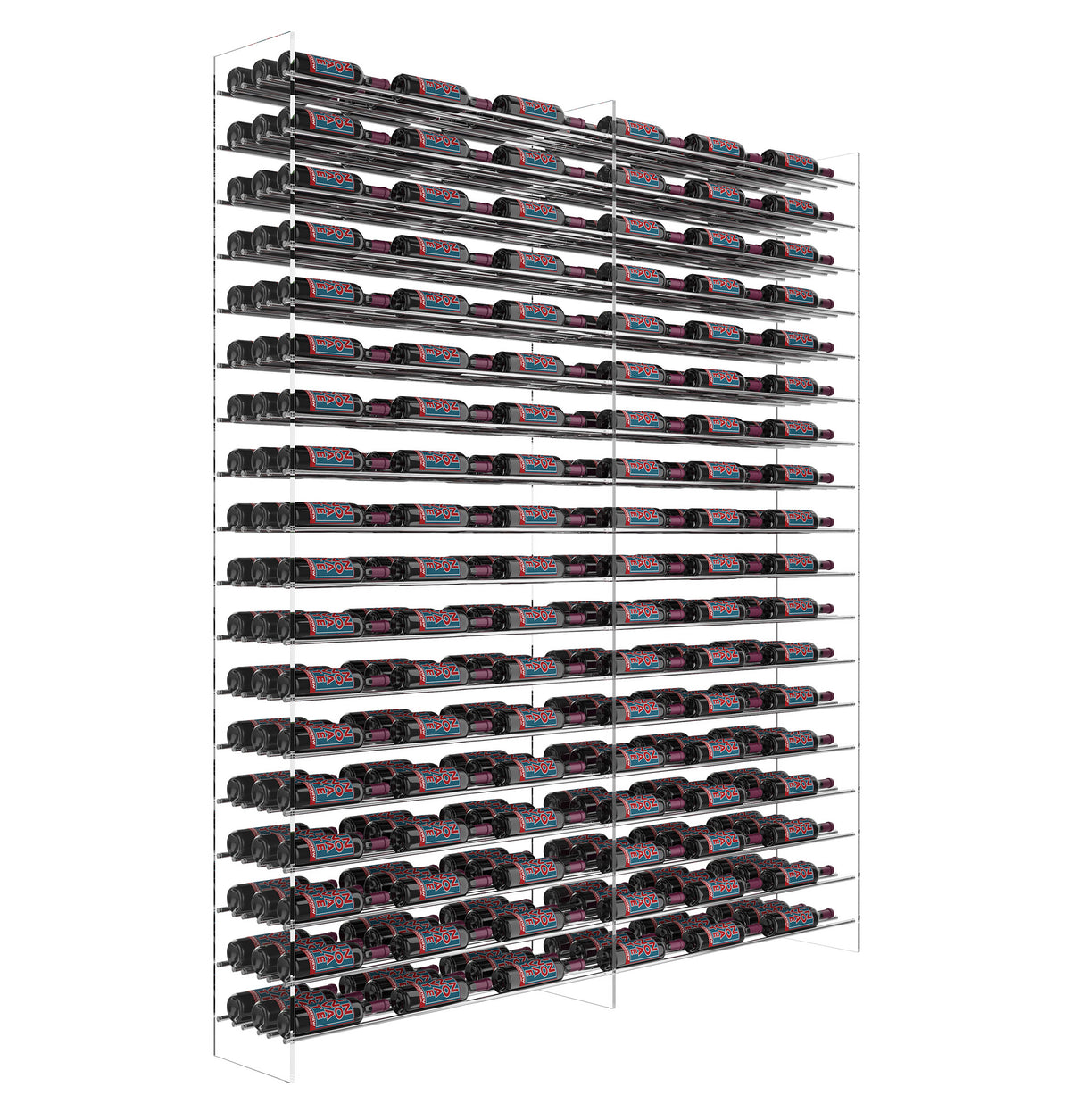 Matte black wine bottle display rack with many horizontal slots and metal frame