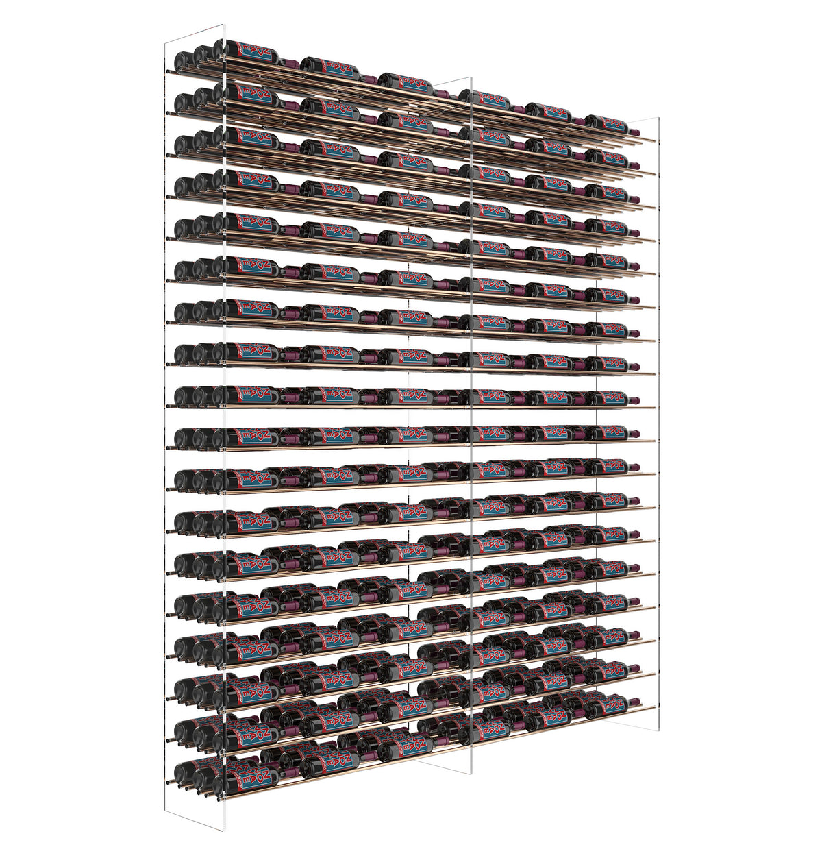 Matte black wine bottle display rack with stacked rows of horizontal bottle holders