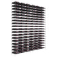 Black wine tower rack with many horizontal rows holding bottles