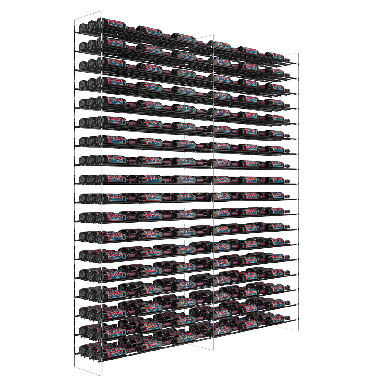 Black wine tower rack with many horizontal rows holding bottles