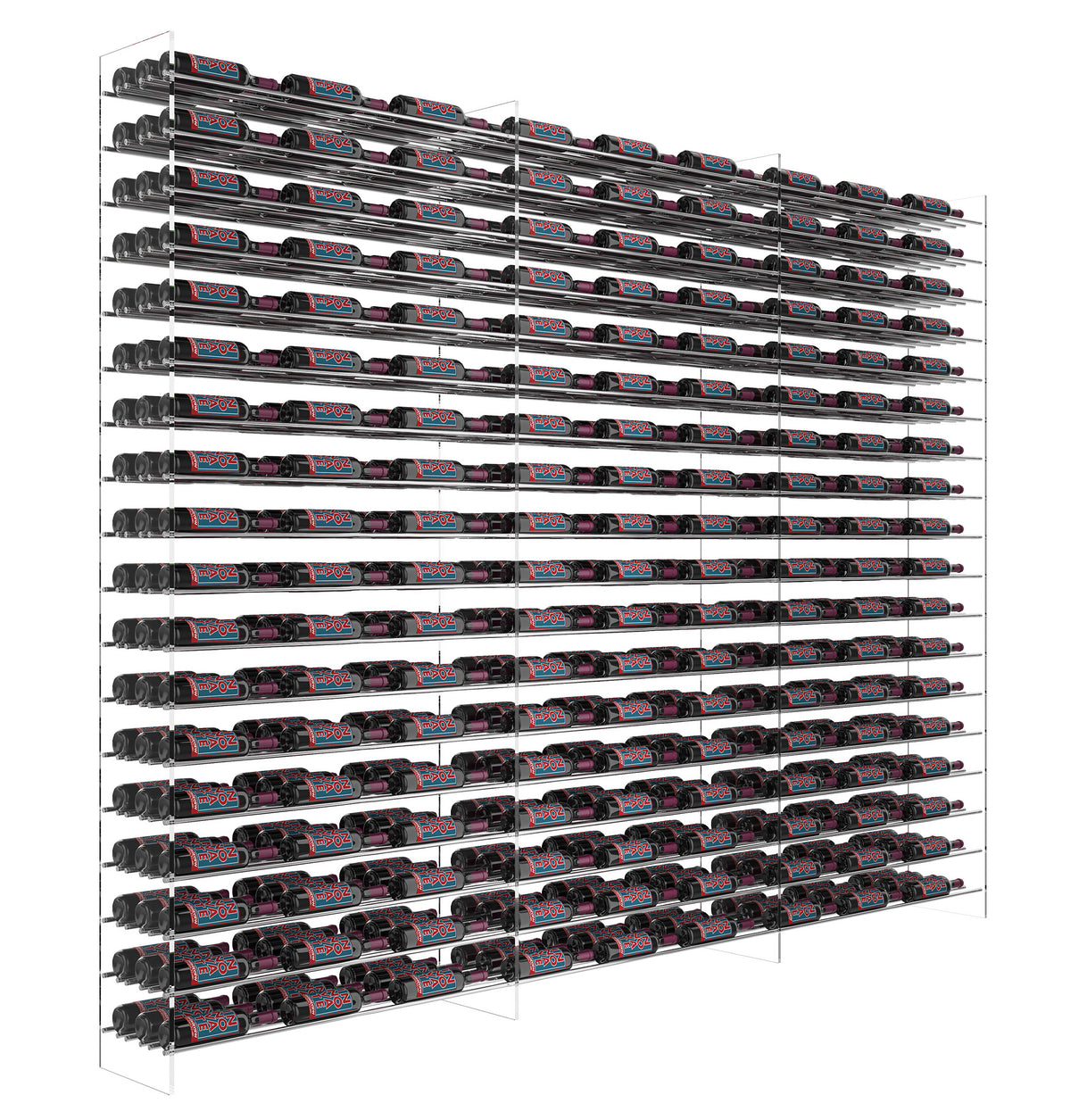 Matte black wine bottle display tower with dense rows of bottle holders on chrome rails