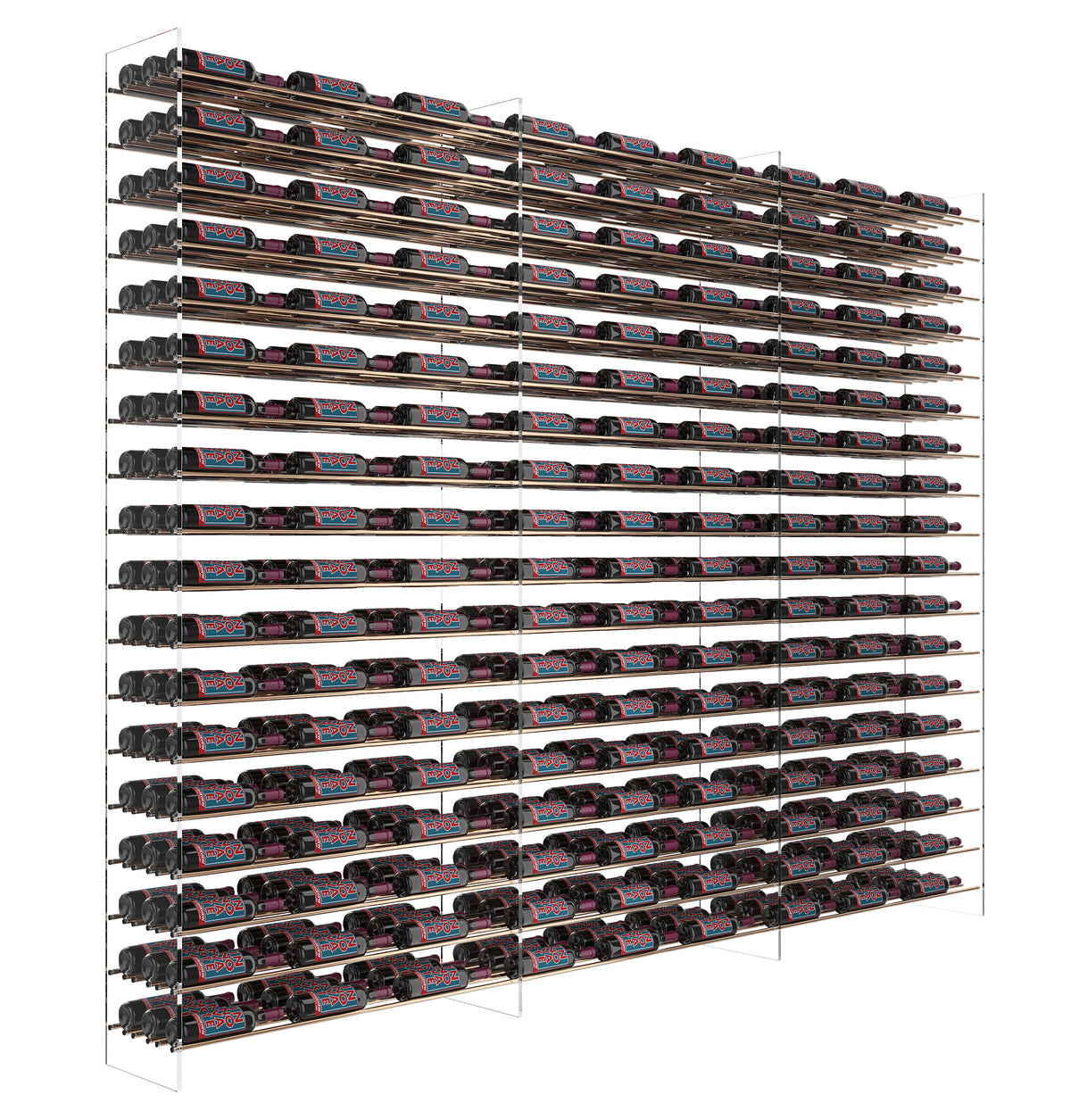 Black wine tower bottle rack with multiple rows and clear side supports