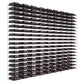 Black wine tower rack with dense horizontal bottle slots and angled view