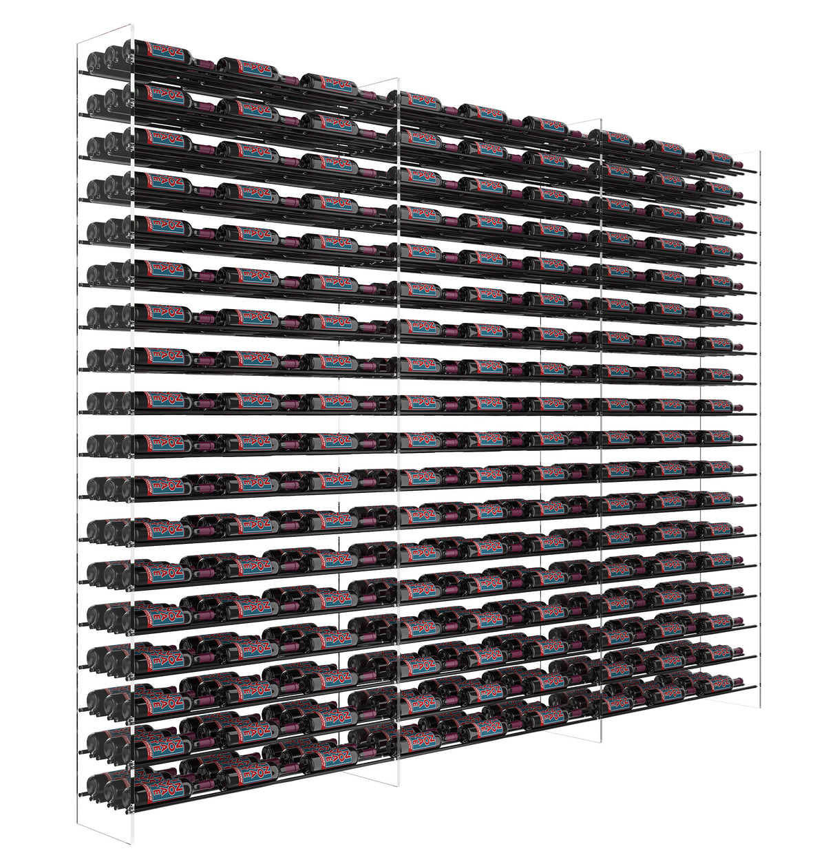 Black wine tower rack with dense horizontal bottle slots and angled view