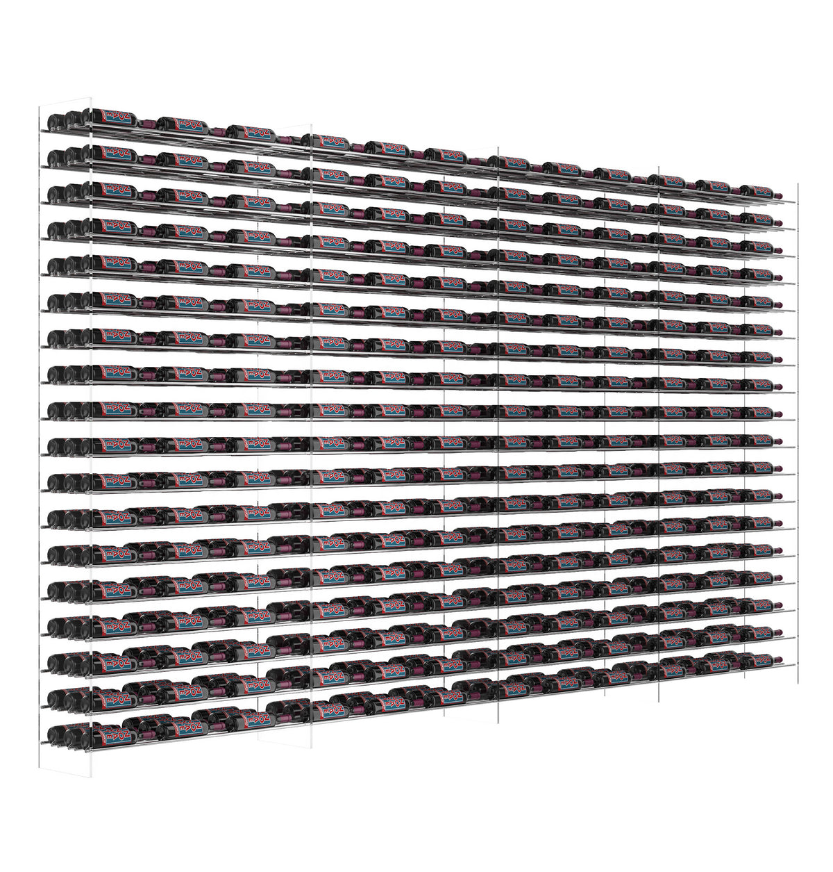 Matte black wine bottle display rack with tightly packed horizontal bottle slots
