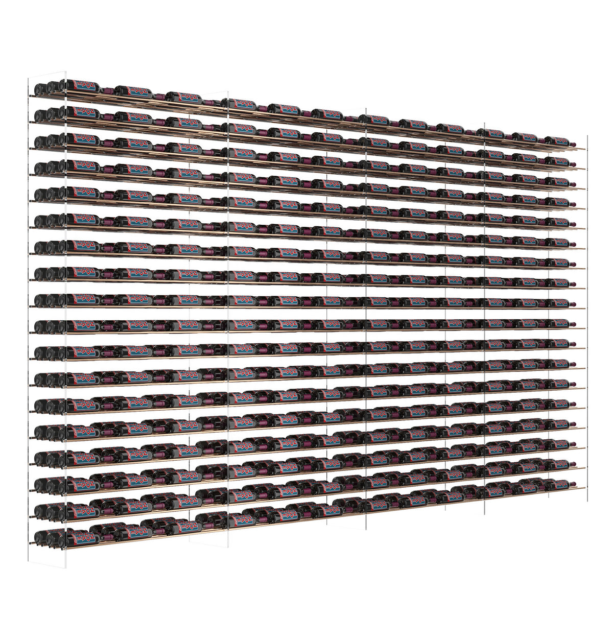Matte black wine bottle display rack with long horizontal rows for bottle storage