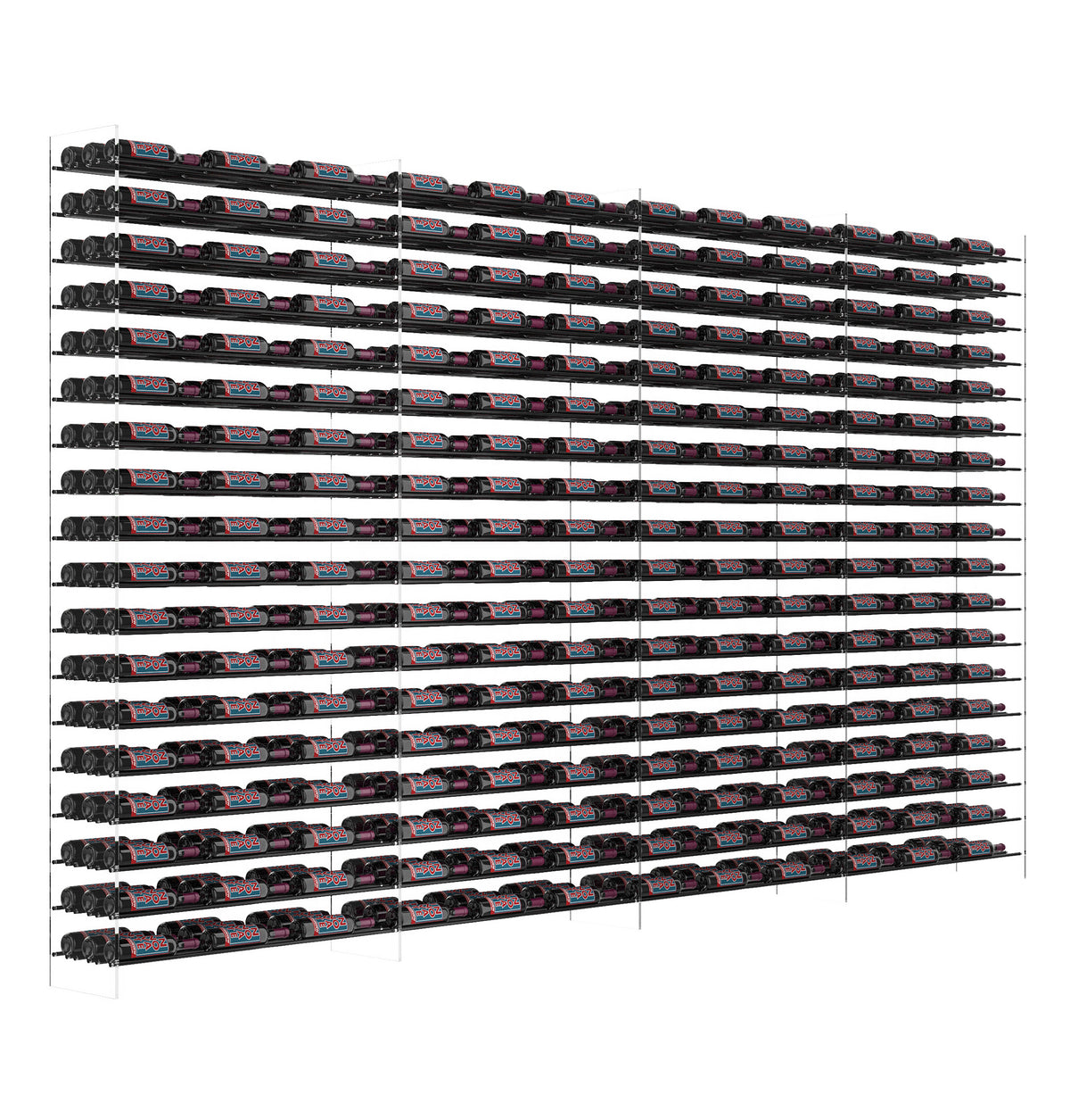 Matte black wine bottle display rack showing multiple levels of bottle storage