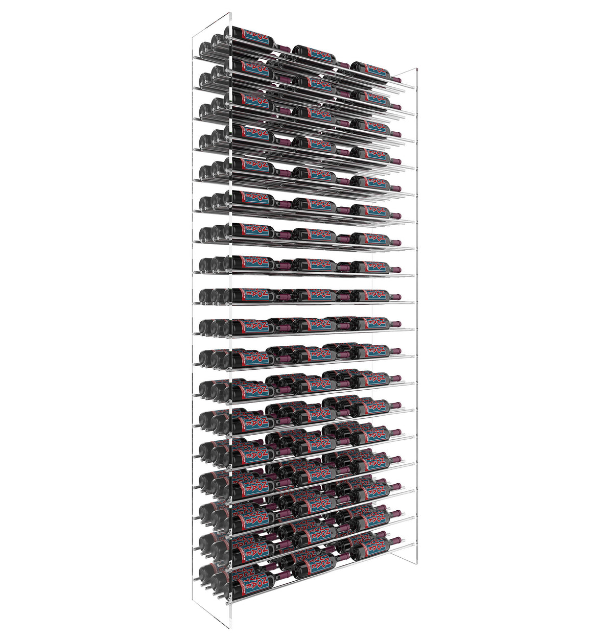 Matte black wine bottle display rack with many horizontal slots for bottle storage