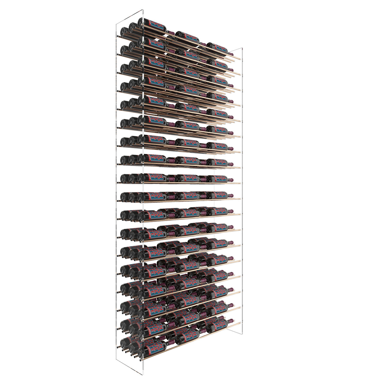 Golden bronze wine bottle display rack with many horizontal bottle slots