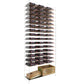 Chrome wine bottle display rack with horizontal slots and wooden storage boxes below