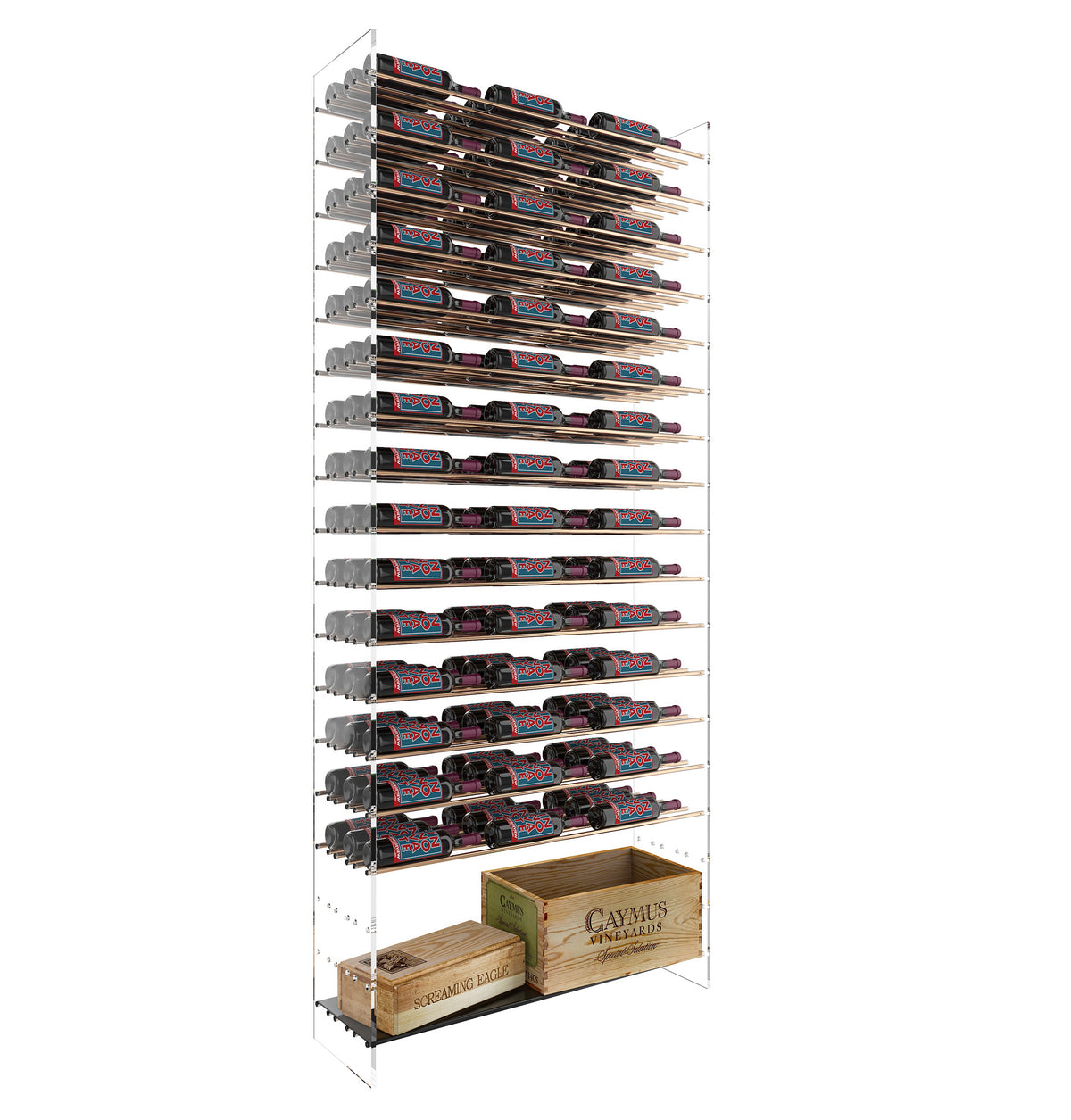 Chrome wine bottle display rack with horizontal slots and wooden storage boxes below