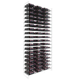 Matte black wine bottle display rack standing with multiple rows of bottle cradles