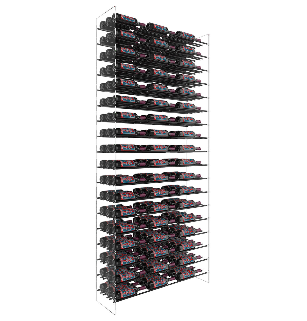 Matte black wine bottle display rack standing with multiple rows of bottle cradles