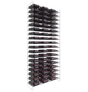 Matte black wine bottle display rack standing with multiple rows of bottle cradles