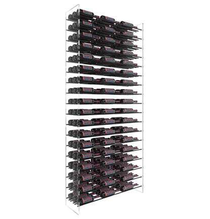 Matte black wine bottle display rack standing with multiple rows of bottle cradles