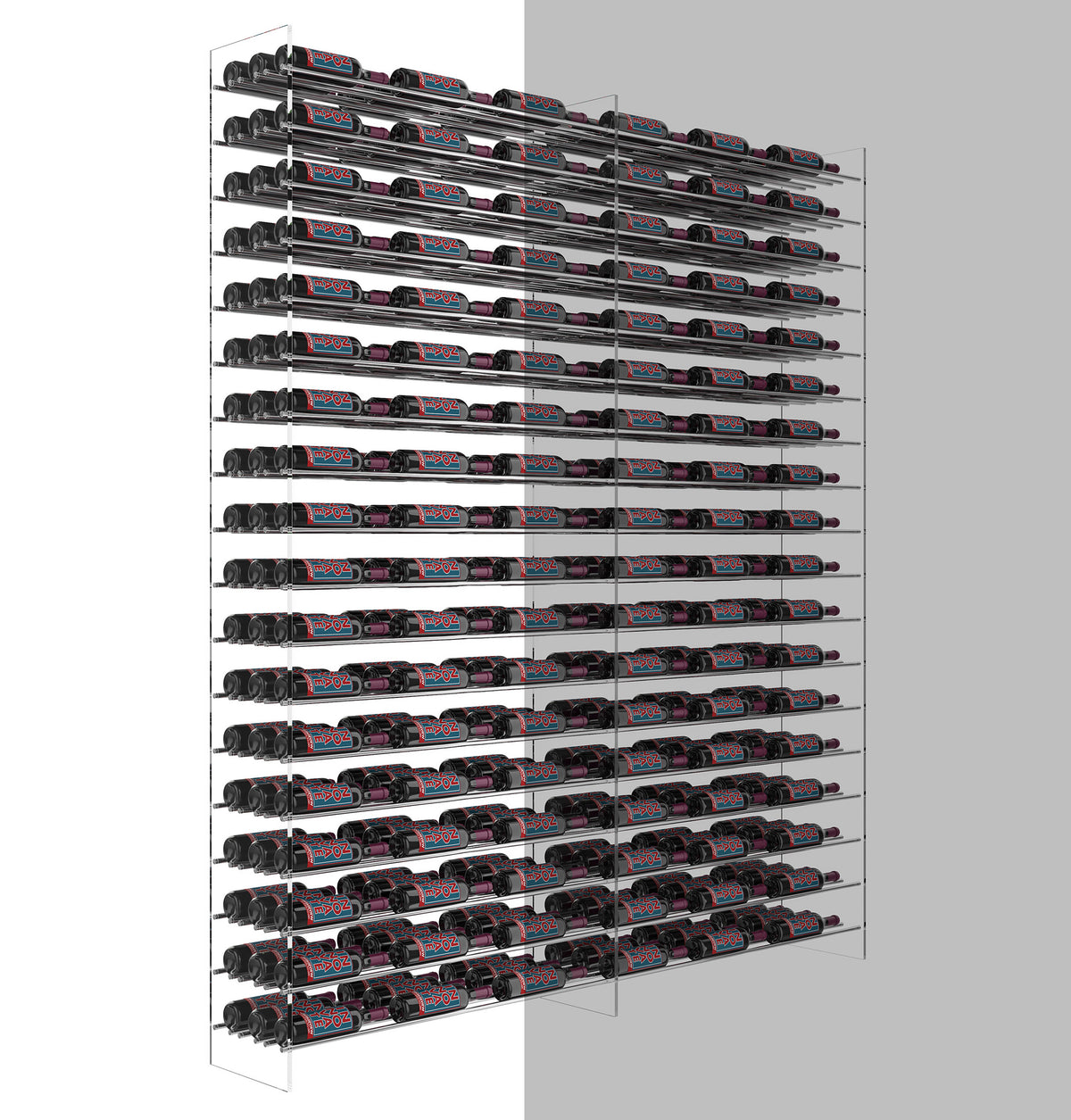 Wine bottle extension rack tall arrangement, dark rails supporting multiple bottle rows