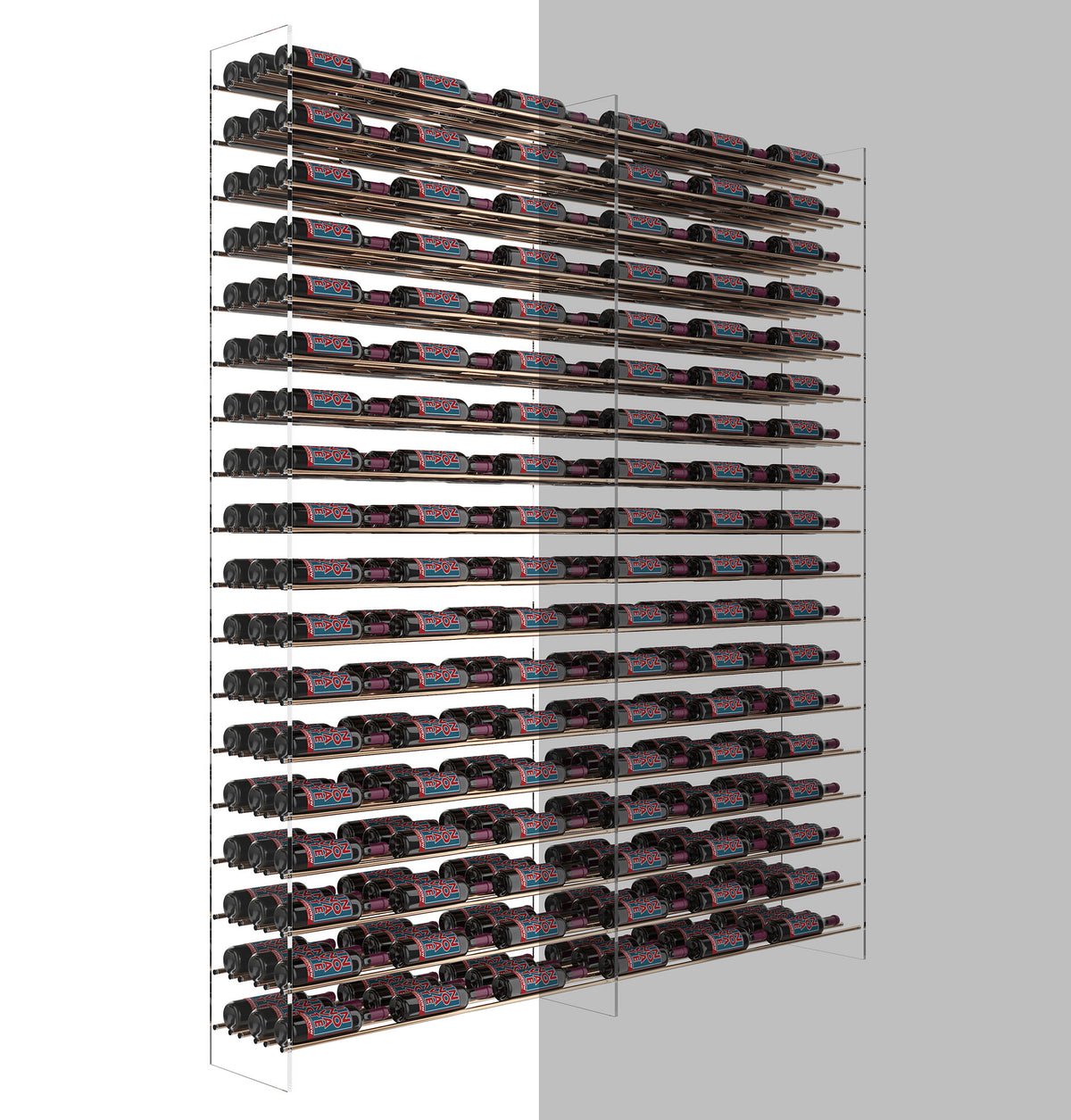 Wine bottle extension rack corner angle, dark metal frame with stacked bottle holders