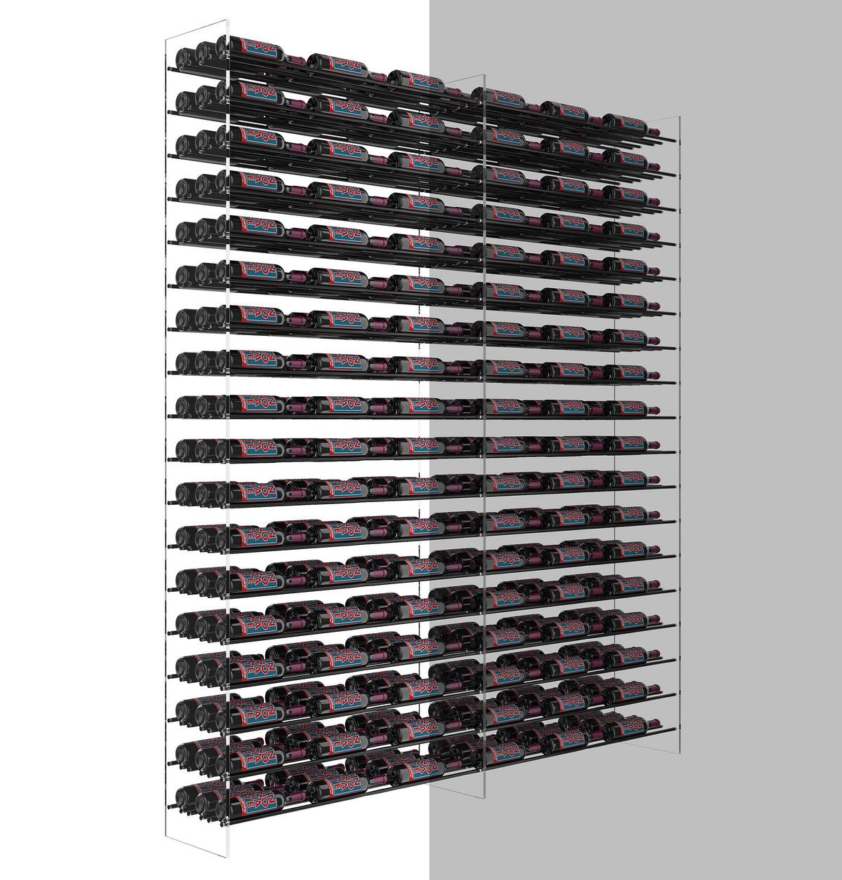 Wine bottle extension rack in profile view, dark metal rails and bottle slots