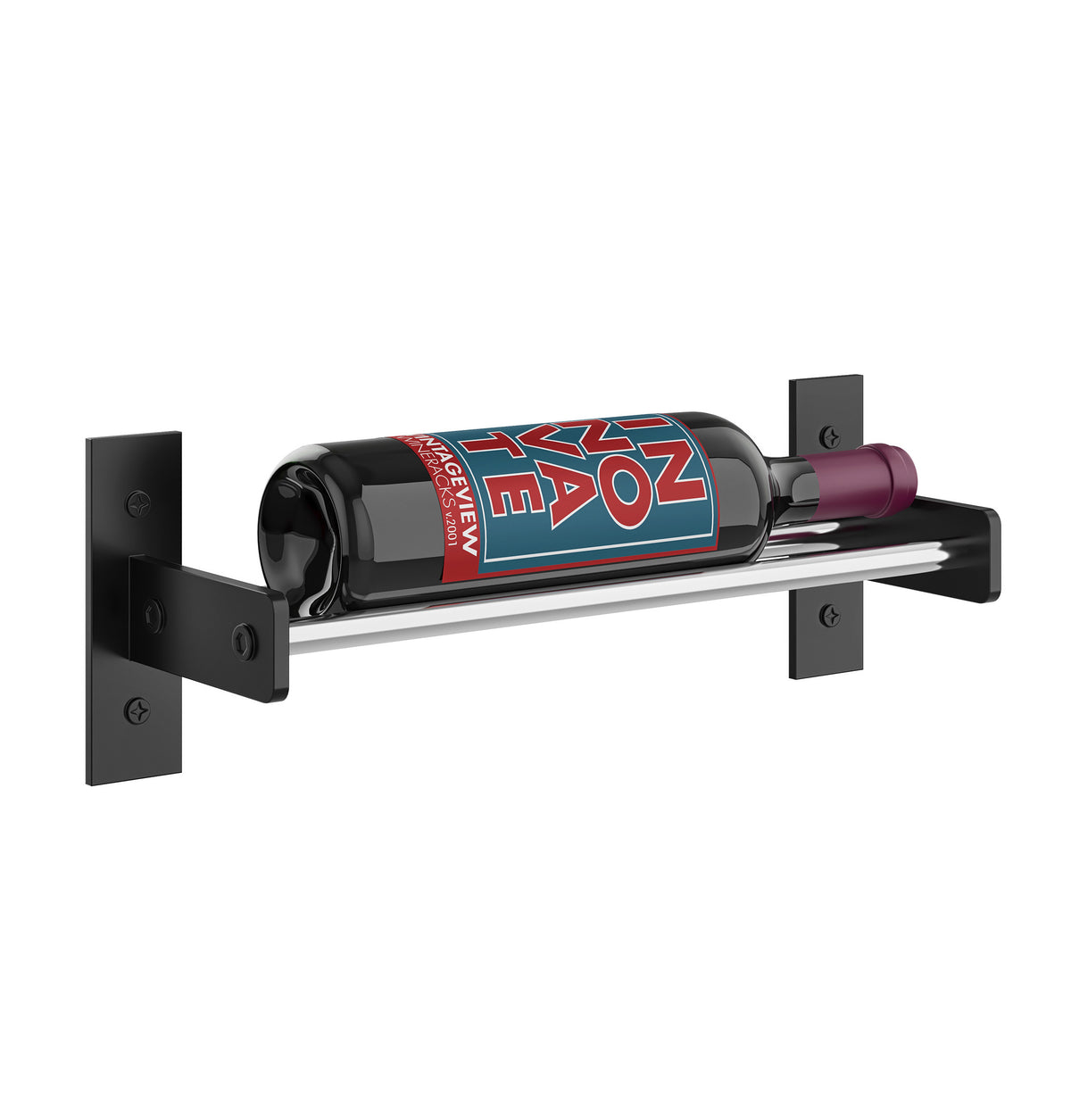 1-column wine bottle wall rack with matte black frame and silver-toned rail, dark bottles