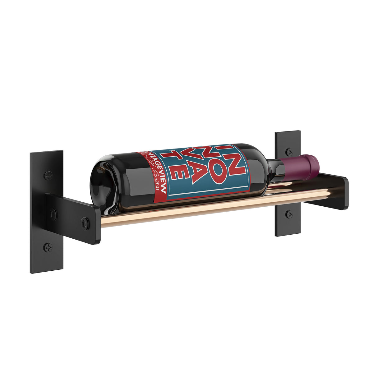 Matte black 1-column wine bottle rack with light wood rail holding dark bottles