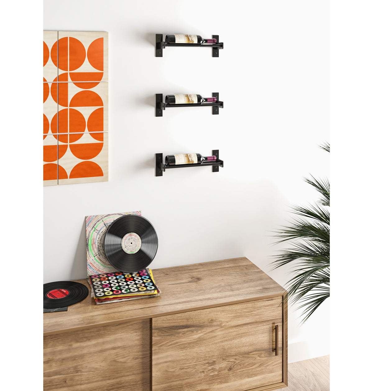 Wall-mounted wine bottle rack with black rails and horizontal bottle slots