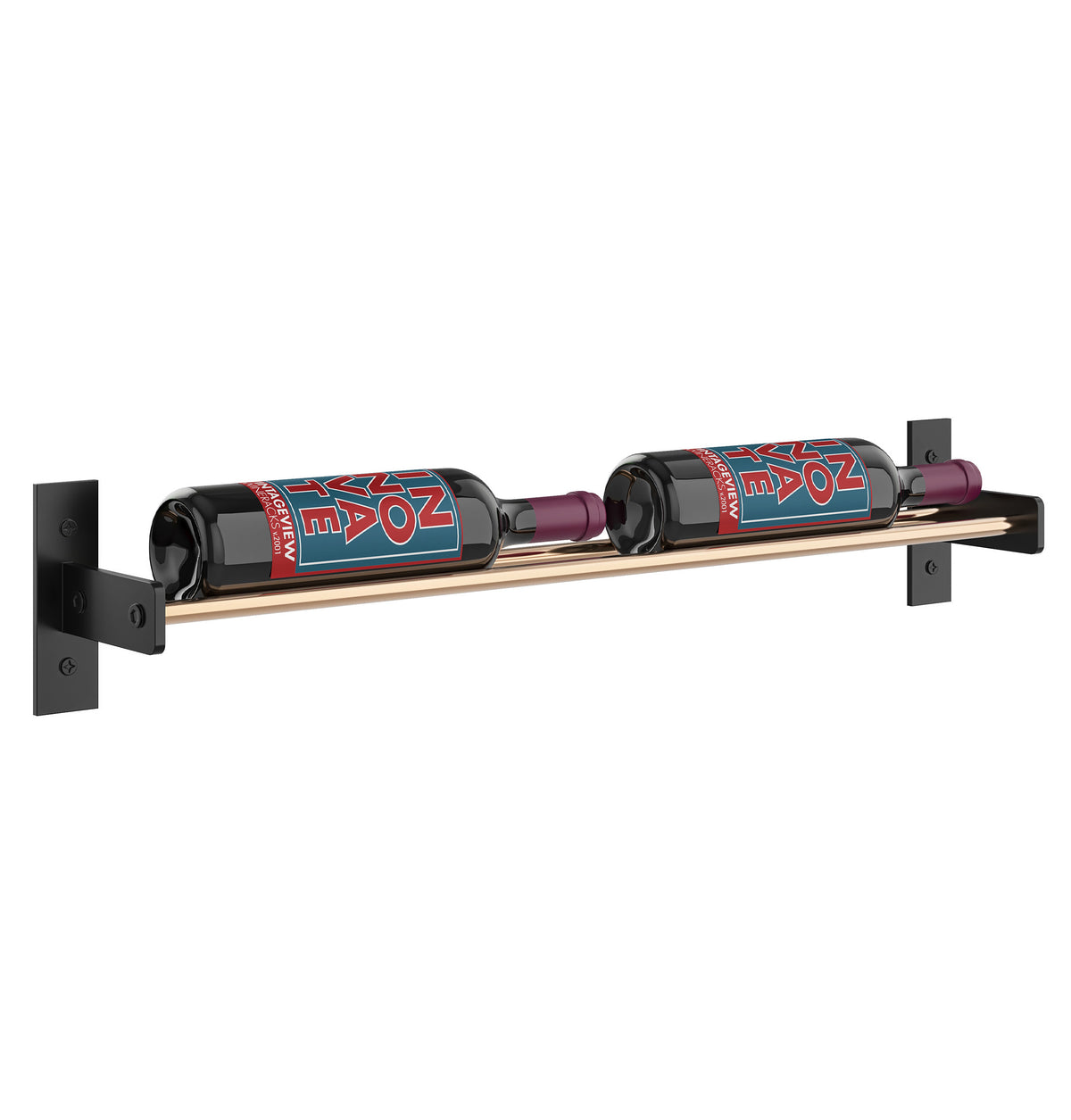 Close view of wall-mounted two-bottle wine rack with black bottle cradles and shelf