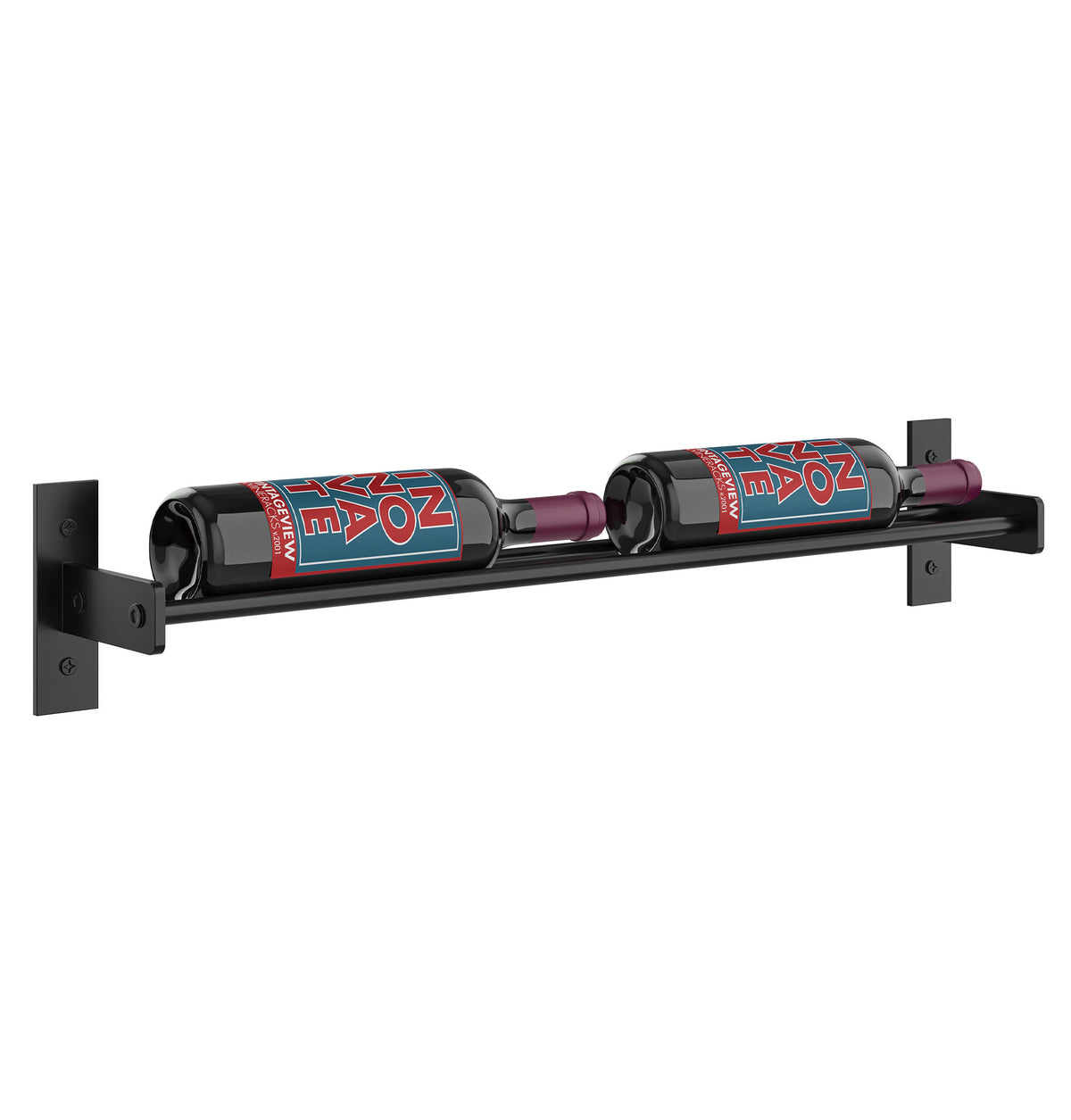 Two-bottle wine wall rack with black frame, bottle cradles, and right mounting bracket