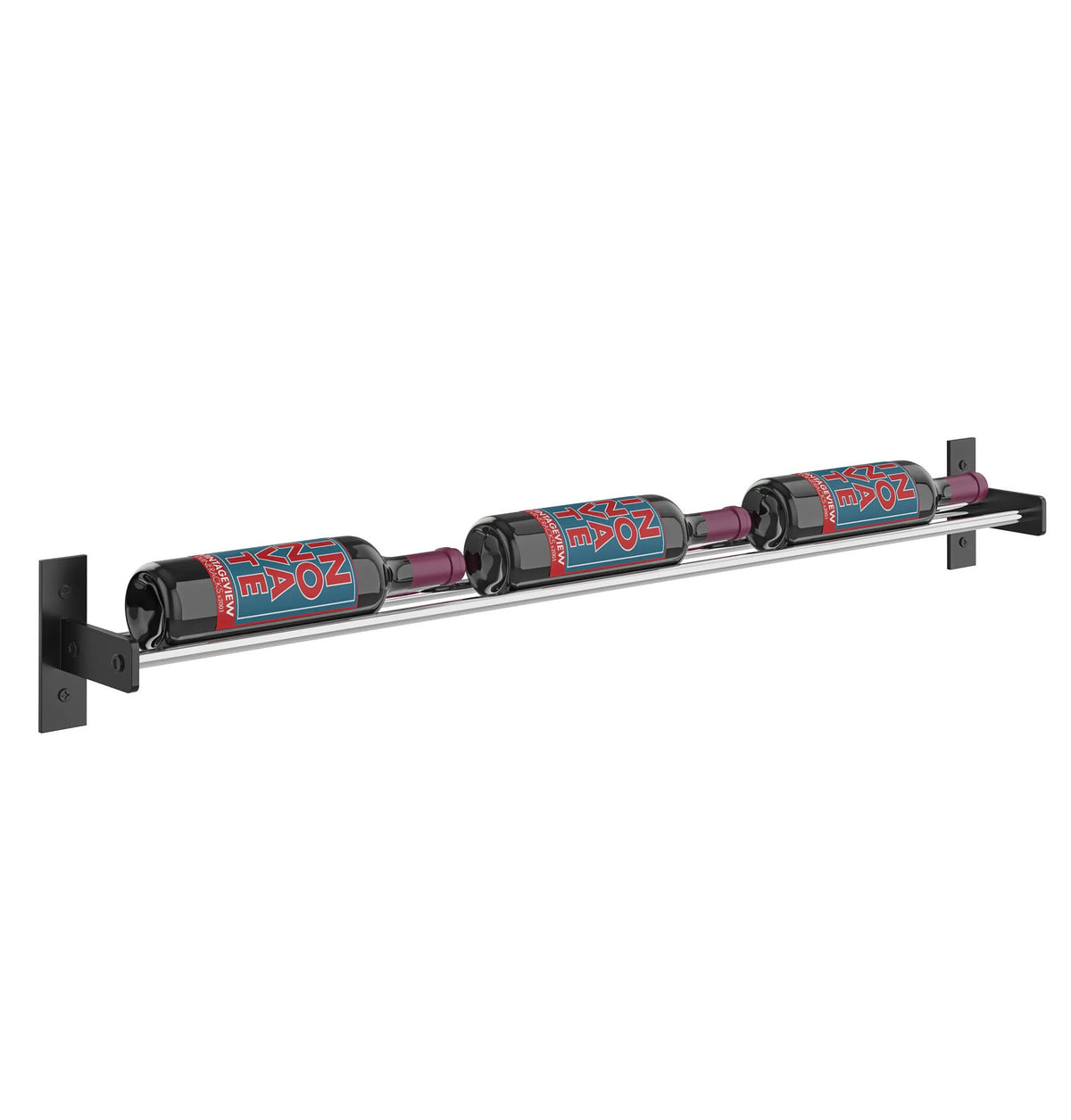 Wall-mounted wine bottle rack with three cylindrical holders and black mounting brackets