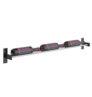 Wall-mounted wine bottle rack with three cylindrical holders and black mounting brackets