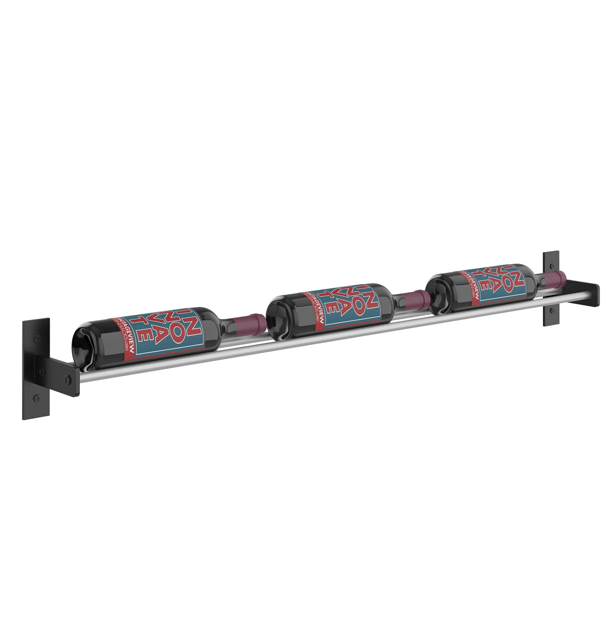 Wall-mounted wine bottle rack with three holders and black brackets on the wall