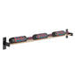 Wall-mounted 3-column wine bottle rack angled view with patterned bottle cradles on rail