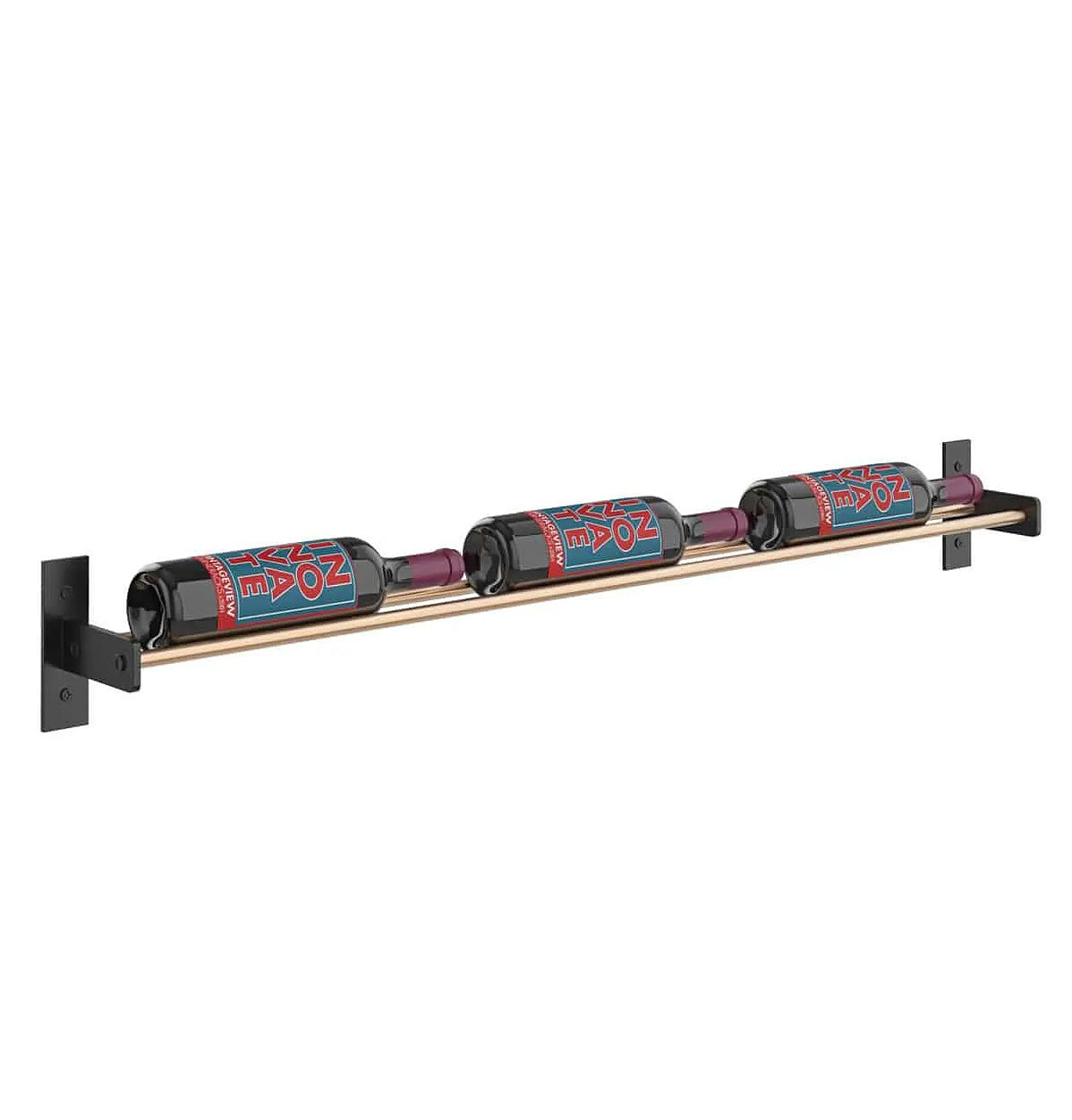 Wall-mounted 3-column wine bottle rack angled view with patterned bottle cradles on rail