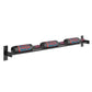 Wall-mounted 3-column wine bottle rack end view with patterned bottles in cradle cups