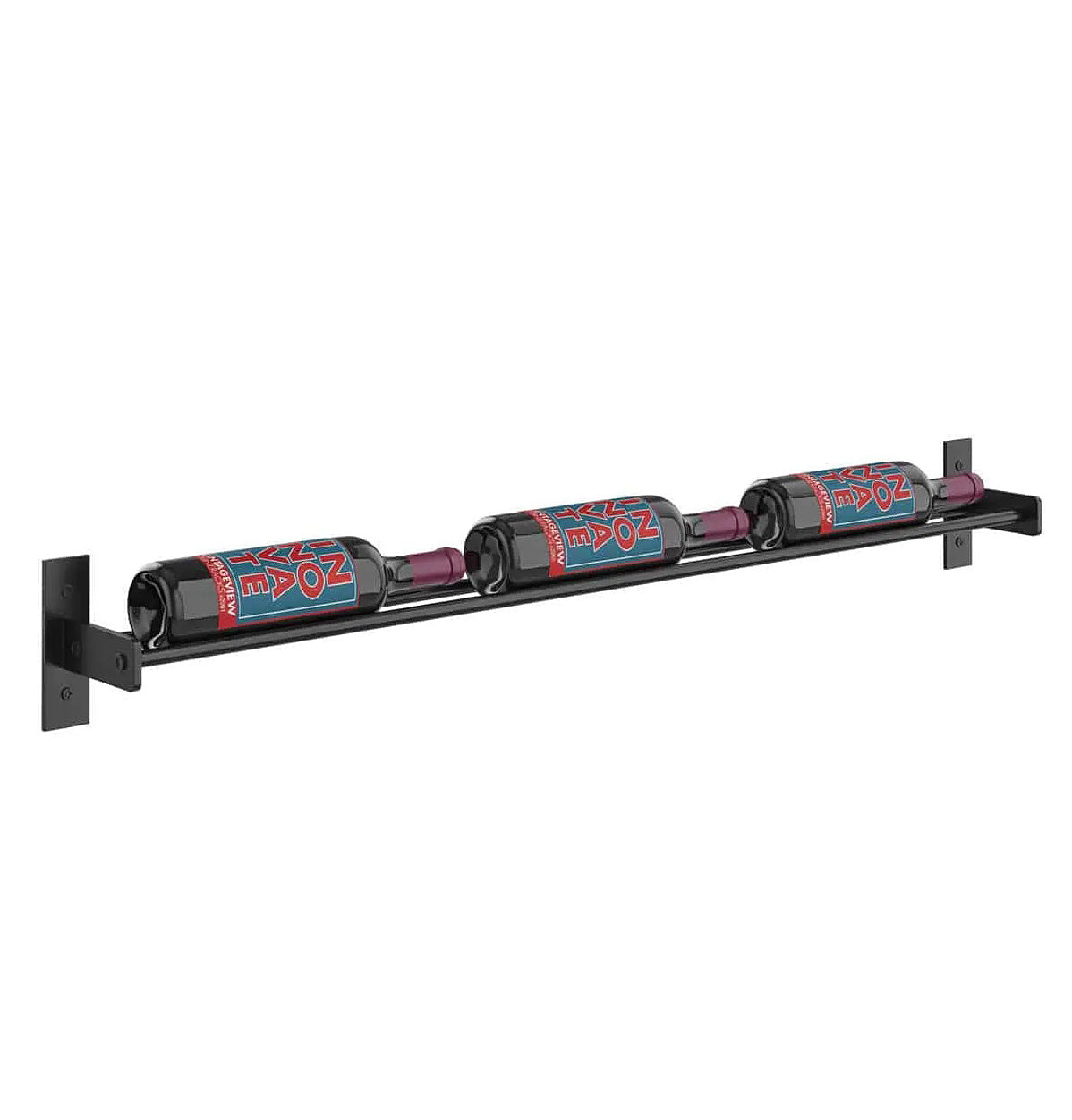 Wall-mounted 3-column wine bottle rack end view with patterned bottles in cradle cups