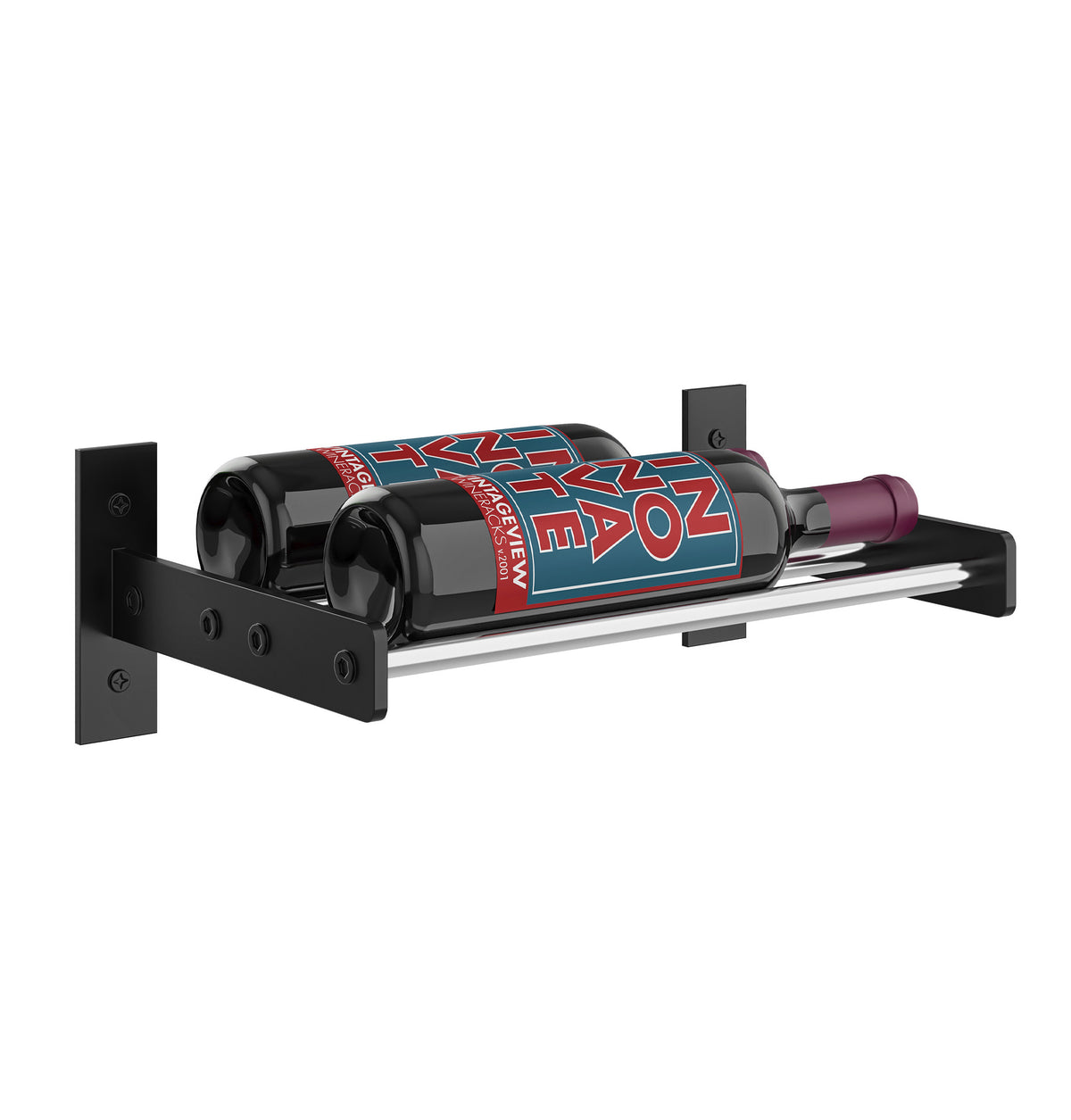 Matte black 1-column wine bottle rack with dark bottles on a black rail