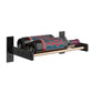 1-column wine bottle wall rack with matte black frame and light wood rail, dark bottles