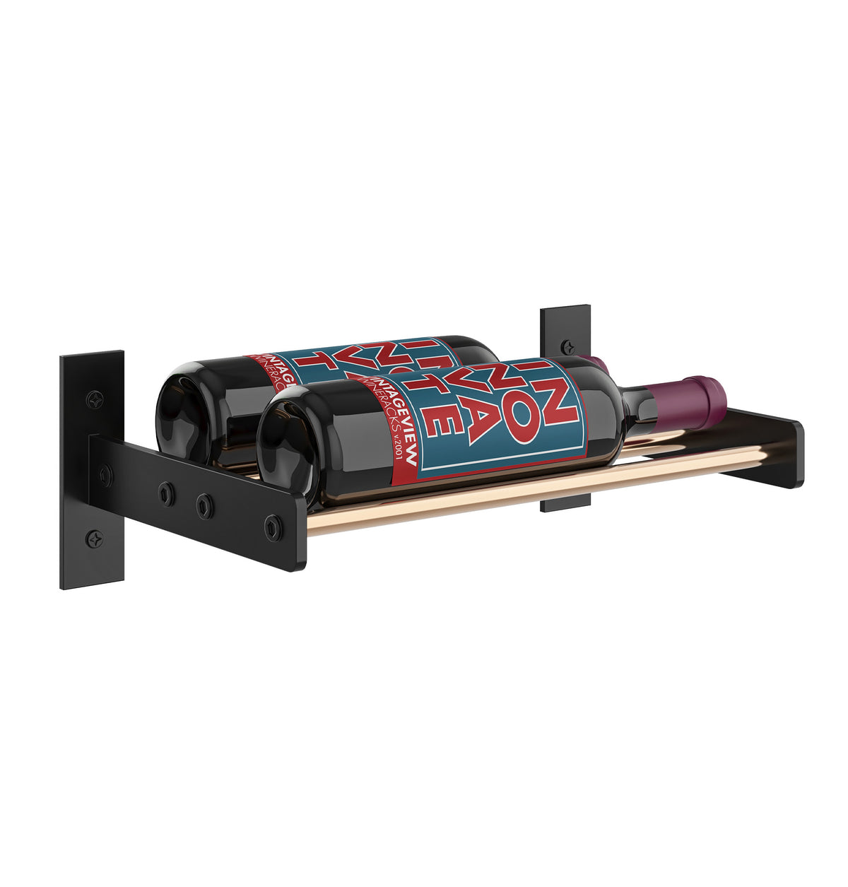 1-column wine bottle wall rack with matte black frame and light wood rail, dark bottles