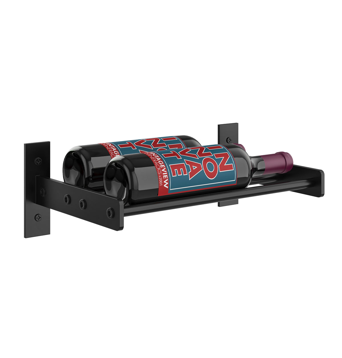 Matte black wall-mounted wine bottle holder with horizontal bottle and side brackets