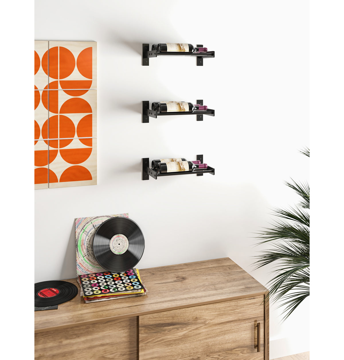 Wall-mounted wine bottle racks with three 1-column compartments holding bottles