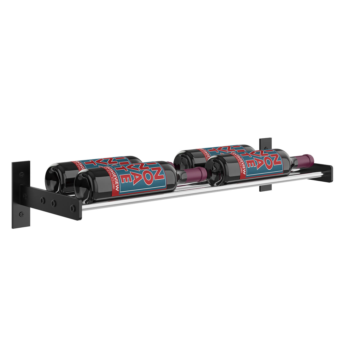 Two-bottle wall wine rack with black base, two bottle holders and horizontal mounting arms