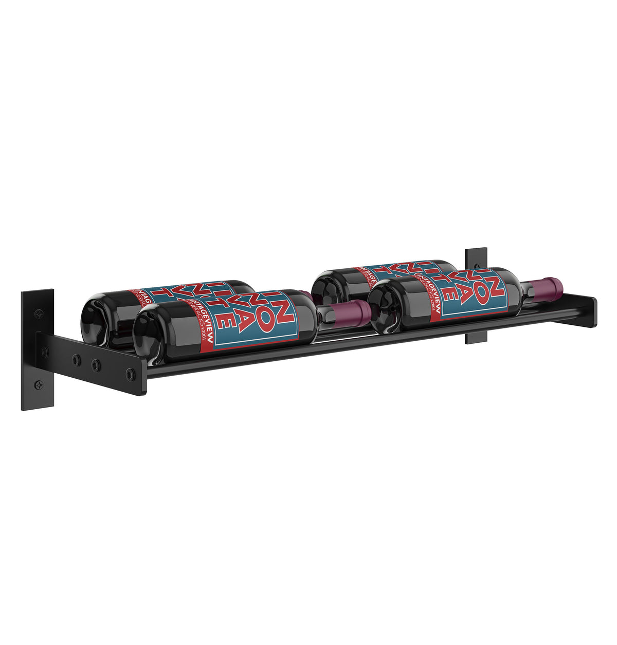 Black two-bottle wine wall rack with bottle cradles and right-side end cap