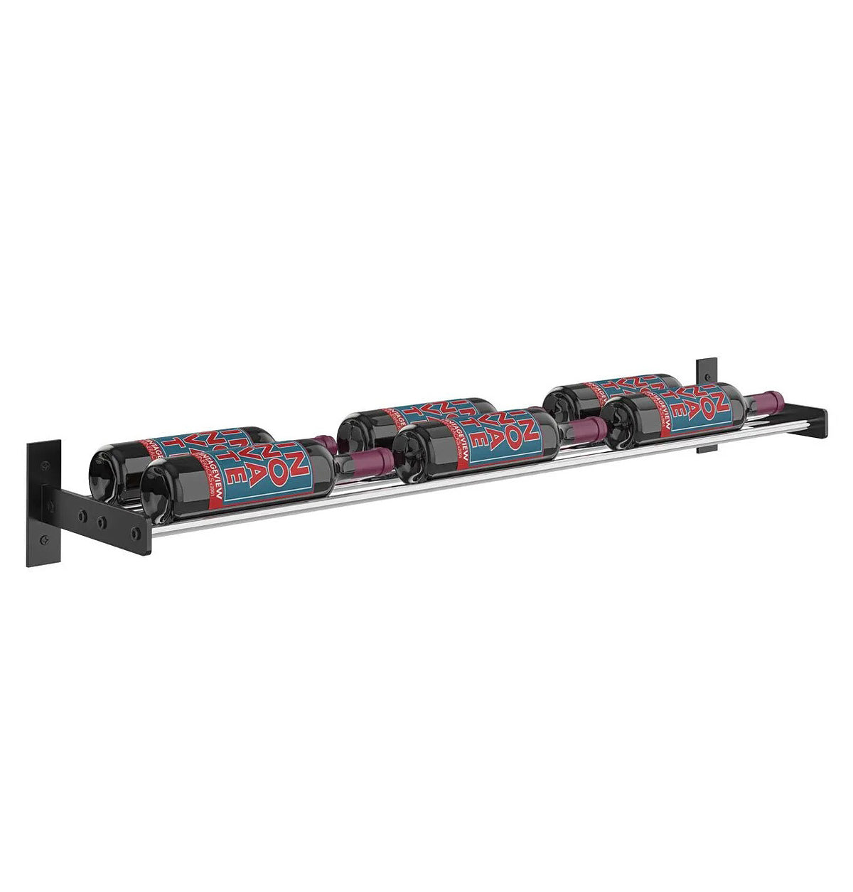 Wall-mounted 3-column wine bottle rack side profile with black support bracket and cradles