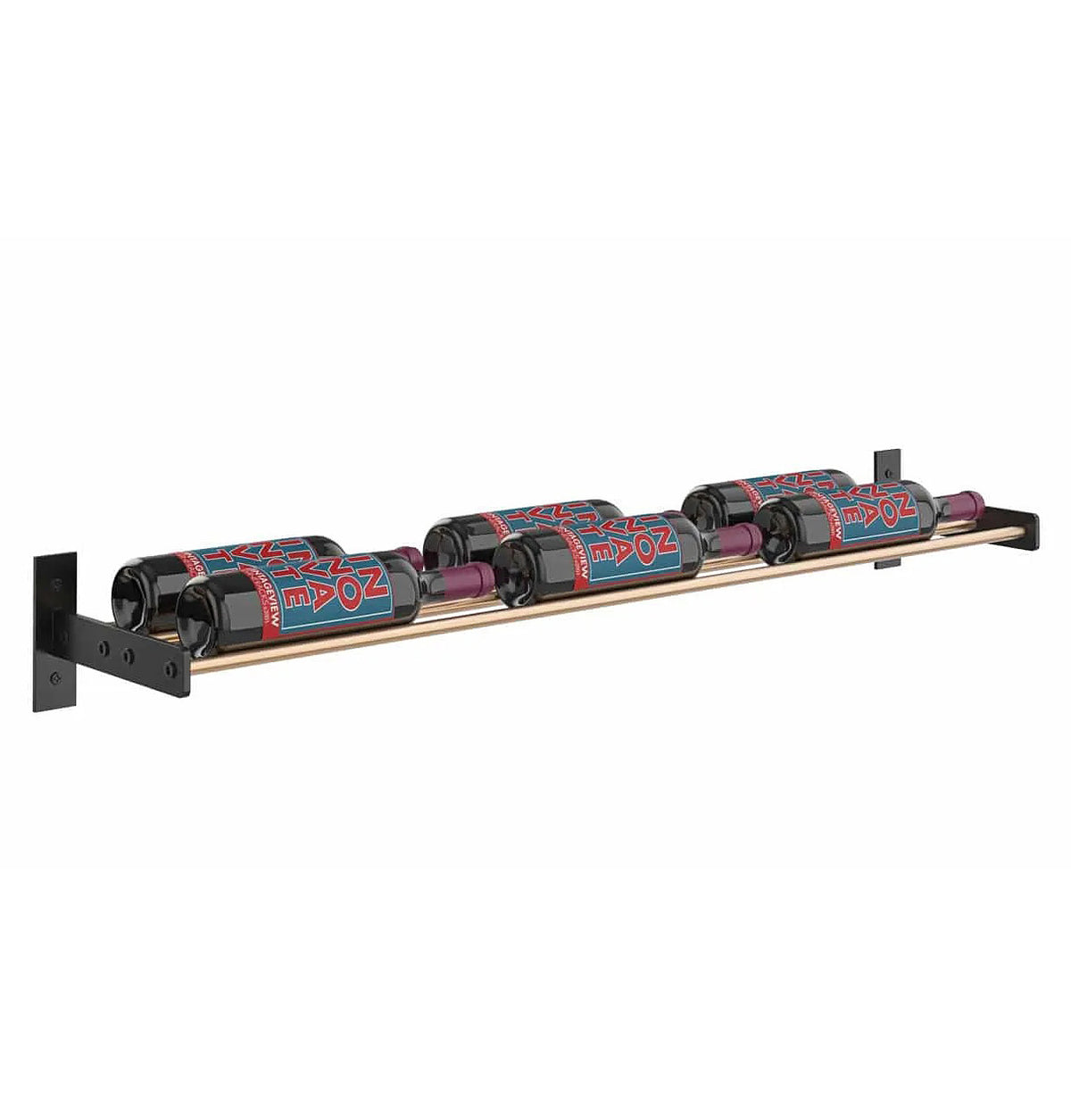 Wall-mounted 3-column wine bottle rack side view with patterned bottle cradles and arm