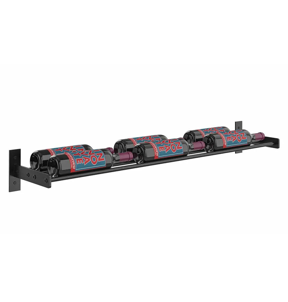 Wall-mounted 3-column wine bottle rack side angled view with patterned bottle sleeves