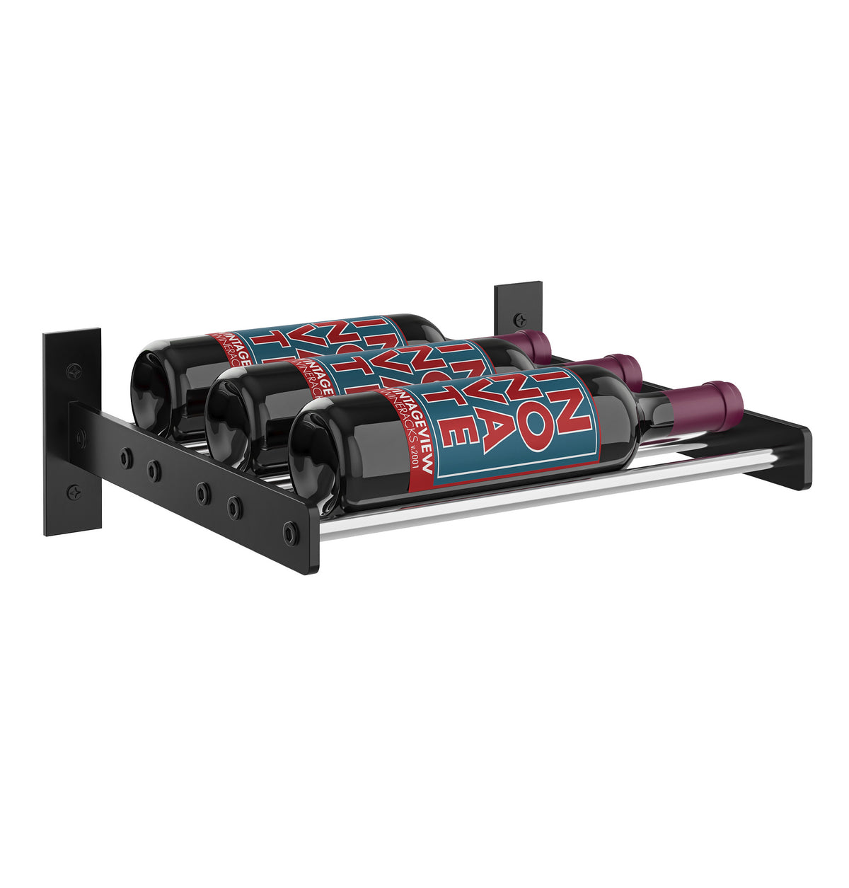 Single-column wine bottle wall rack, glossy black with dark bottles on a black rail