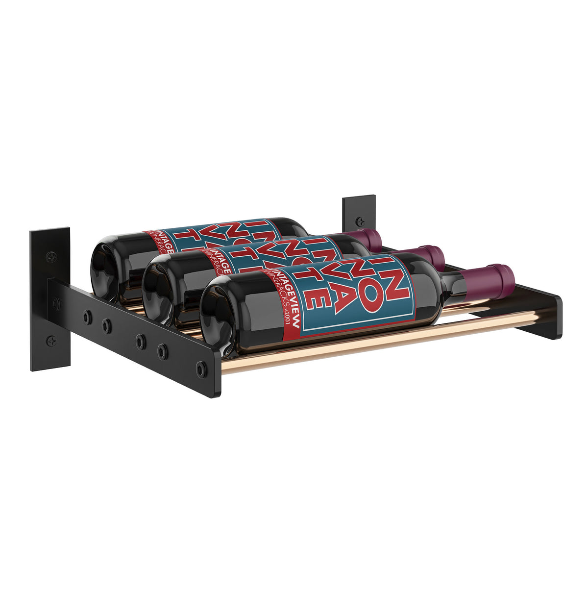 Single-column wine bottle wall rack with dark bottles and light wood rail on matte black