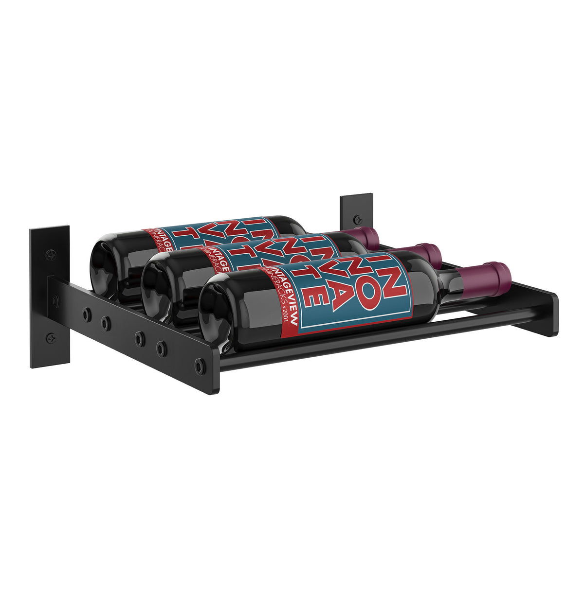 Single-column wine bottle wall rack with dark bottles on glossy black support rails