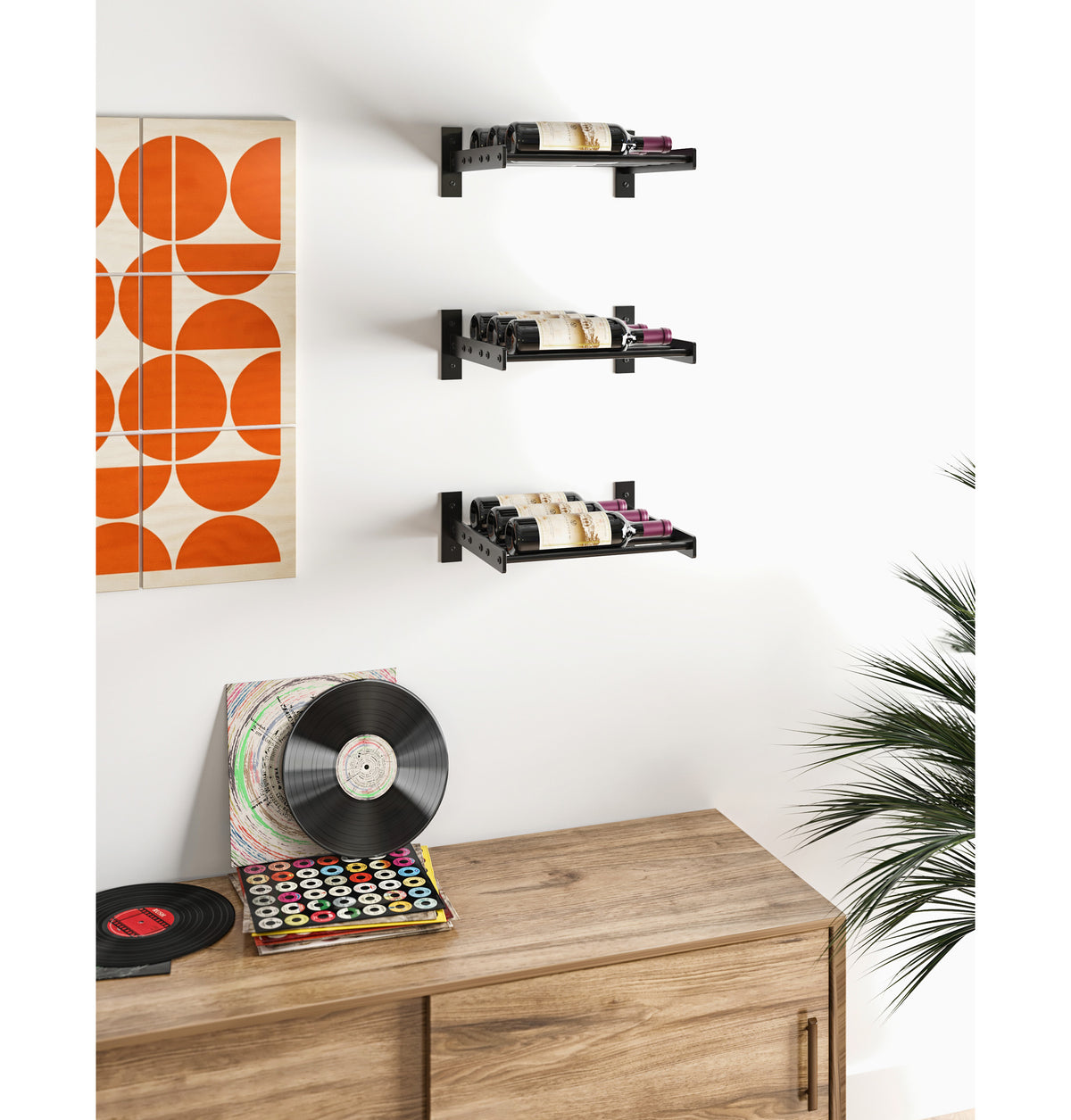 Wall-mounted wine bottle rack with black metal rails holding horizontal bottles