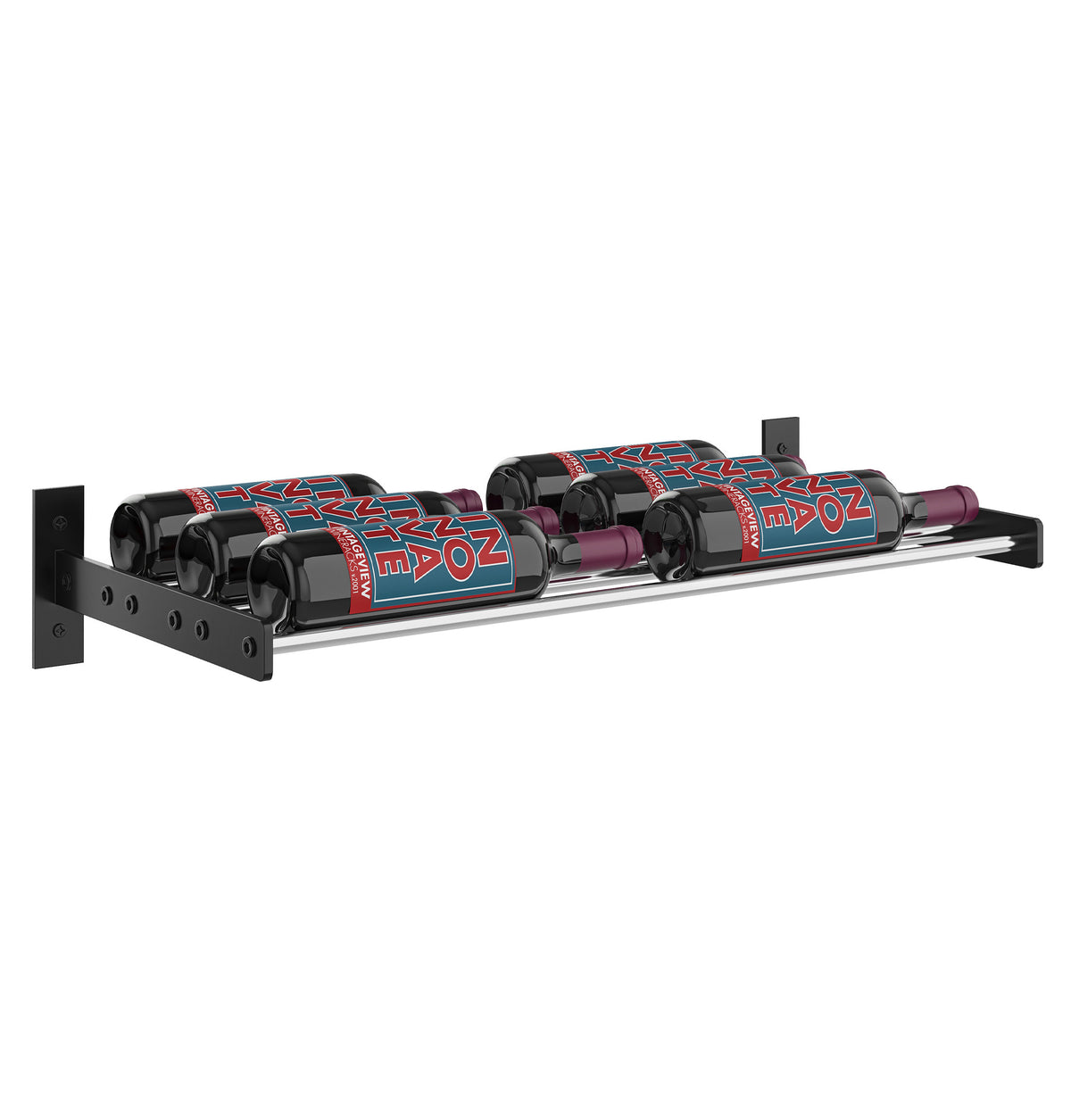 Wall-mounted wine rack with two bottle slots, black support bracket and bottle rests