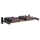 Two-bottle wall wine rack with black frame, clear glass bottle holders on wood-tone shelf